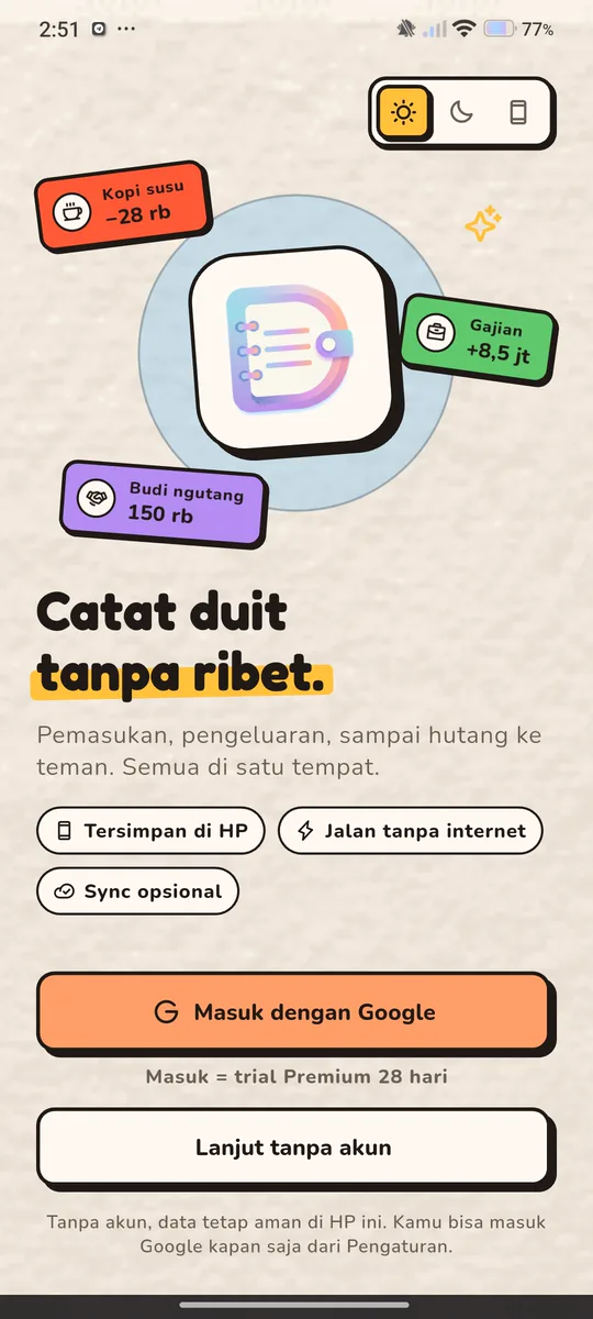 Layar sambutan DompetZ dengan tombol Masuk dengan Google dan Lanjut tanpa akun