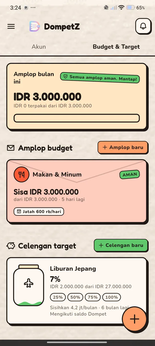 Tab Budget & Target dengan amplop budget Makan & Minum dan celengan Liburan Jepang