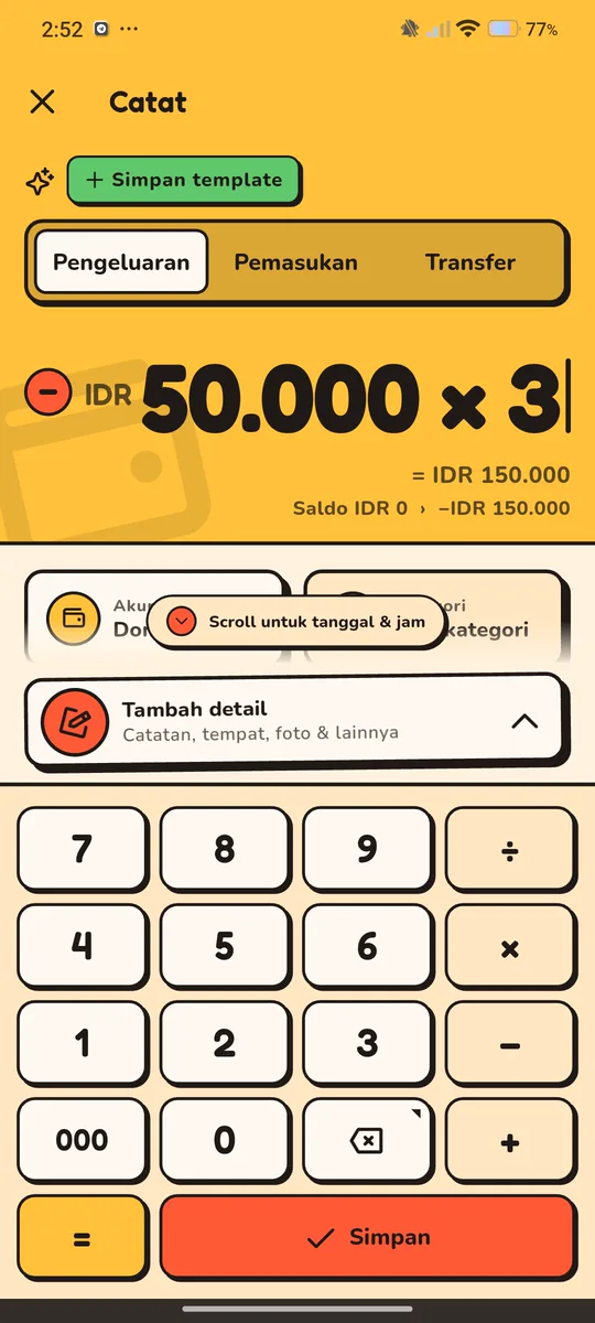 Layar Catat dengan keypad kalkulator menghitung IDR 50.000 × 3